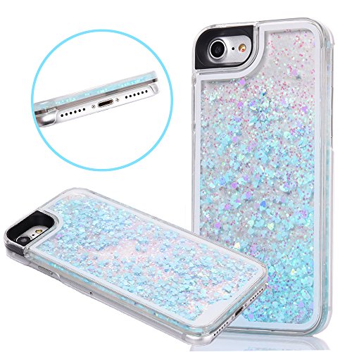 iPhone 7 Glitter Case, Goton iPhone 7 Liquid Case, Lovely Hearts Quicksand Moving Bling Glitter Floating Dynamic Flowing Cover for iPhone 7 - (Blue)
