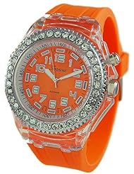 GENEVA PLATINUM Silicone Rubber CZ Light Up Watch ORANGE
