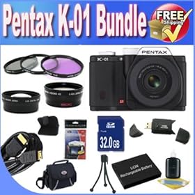 Pentax K-01 16MP APS-C CMOS Compact System Camera With 18-55mm and 55-200mm Lens (Black) + Extended Life Battery + 32GB SDHC Class 10 Memory Card + USB Card Reader + Memory Card Wallet + Deluxe Case w/Strap + Shock Proof Deluxe Case + Mini HDMI to HDMI Cable + 3 Piece Professional Filter Kit + Super