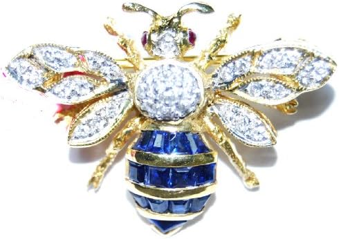 Genuine Blue Sapphire Diamond Bee Brooch/Pin 14K Yellow Gold [I_026]
