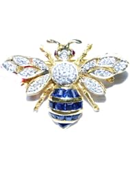 Genuine Blue Sapphire Diamond Bee Brooch/Pin 14K Yellow Gold [I_026]