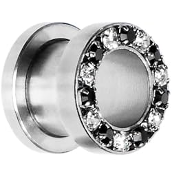 00 Gauge Stainless Steel Black Clear Gem Screw Fit Tunnel