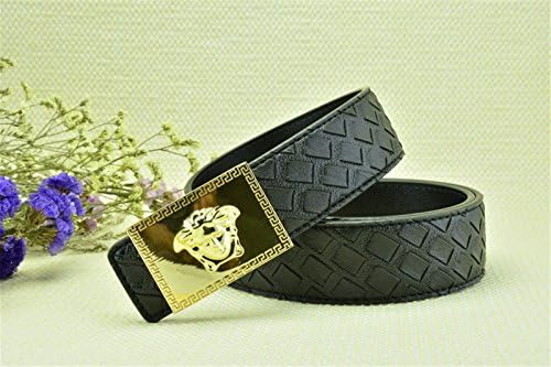 Mens Gold Buckle Free Black Leather Versace Woven Pattern Belt Brand New