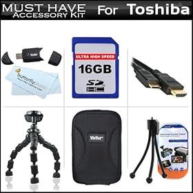 16GB Accessory Kit For Toshiba Camileo S30 S20 BW10 HD Pocket Camcorder Includes 16GB High Speed SD Memory Card + Hard Case + 7 Flexible Tripod + Mini HDMI Cable + USB 2.0 SD Card Reader + LCD Screen Protectors + More