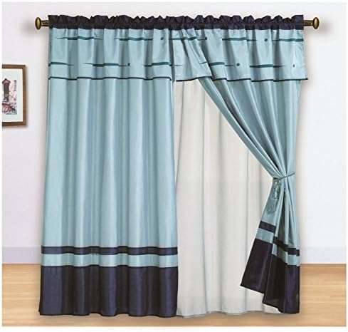 8PC Luxury Drapes Valance Flocking Window Blue Curtain Set