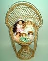 Miniature Peacock Chair with Set of 5 Porcelain Dolls
