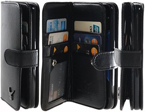 Luxury [Dual Wallet] [Wristlet] Cow Leather [7 Card Slot] [Standing] Book Wallet Flip Case Cover for Galaxy S7 Edge (Black)