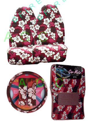9 Piece Hawaiian Auto Interior Gift Set - Red Hawaii Hibiscus Floral print: 2 Front Bucket Seat Cover, Steering Wheel Cover, 2 Shoulder Harness Pressure Relief Cover, 2 Front Floor Mat and 2 Rear Floor Mat - Red