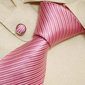 A1004 NEW Designer Hand Made Pink Tie Cufflinks Stripes Ties for Men 100% Jacquard Woven Pure Silk...