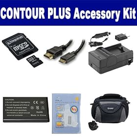 Contour Contour Plus Camcorder Accessory Kit includes: SDC4/32GB Memory Card, SDC-26 Case, HDMI6FM AV & HDMI Cable, ZELCKSG Care & Cleaning, SDCT3650 Battery, SDM-1553 Charger