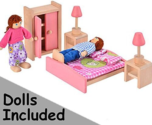 IMOOMI ★ Delicate Wooden Dollhouse Furniture Bedroom Set 5 Piece &amp; Happy Family Dolls 2 People ★ Wardrobe Bed Night Tables Lamps Miniature Doll House Accessories