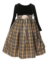 Girls Polyester/Velvet Plaid Print Pleated   Dress With a Bow(s) and a Sash 