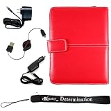 Red Leather Cover Case, USB 2in1 Data Cable, Car Charger, and Wall Charger with 4-Inch eBigValue TM Determination Hand Strap for the Sony Reader eBook Touch Edition PRS-600