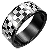 New Gents Black Stainless Steel Band Ring With Chess Board Design, 8mm Wide.