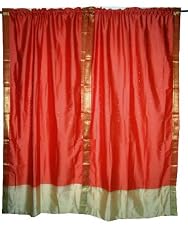 2 Peach Polysilk Sari Curtains Drapes Panels Gold Trim Border Window Dressing 84"