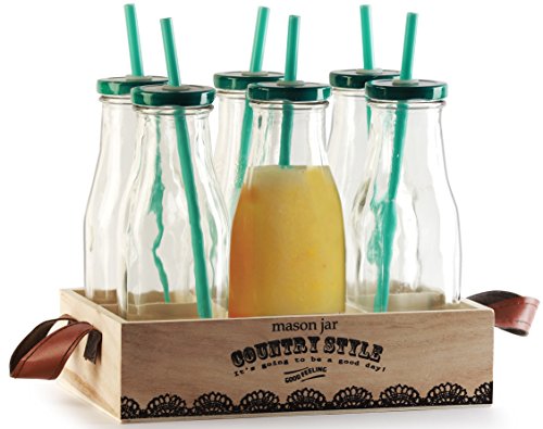 ? Circleware Country Antique Glass Milk Drink Bottles with Metal Caps, Straws and Wooden Tray, 15 Ounce, 19 Peice Set, 6 Glass Bottles, 6 Caps, 6 Straws 1 Wooden Tray