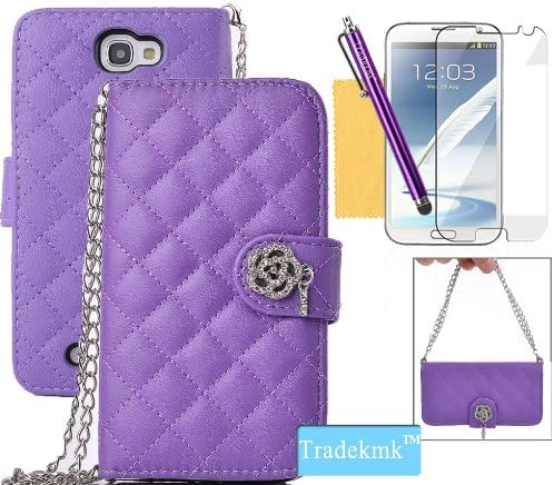 Galaxy Note 2 Case ,Tradekmk(TM) Homochromy Flat prismatic and Rose On The Surface Handbag Wallet Case Fit For Samsung Galaxy Note2 N7100(Purple),with Credit Card Slots,Stylus,Screen Protector and Cleaning Cloth