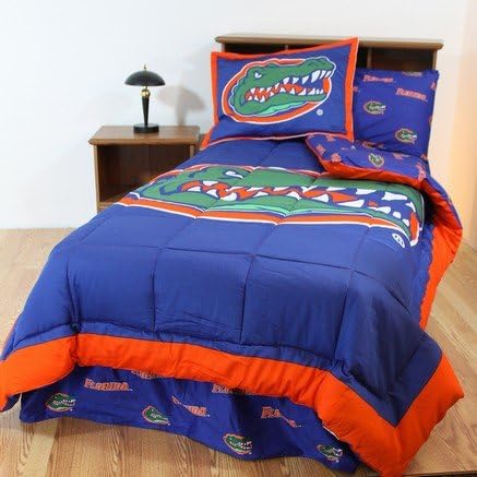 Florida Gators 8 pc. QUEEN Size Bed in a Bag Comforter Set - Entire Set Includes: (1) QUEEN Reversible Comforter, (2) Standard Pillow Shams, (1) QUEEN Flat Sheet, (1) QUEEN Fitted Sheet, (2) Standard Pillow Cases and (1) QUEEN Bedskirt - Save Big By Bundling!
