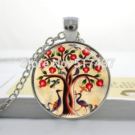 Pretty Lee Tree Of Life Necklace Birds And Pomegranate Fruit Tree Nature Art Pendant Glass Dome Necklace