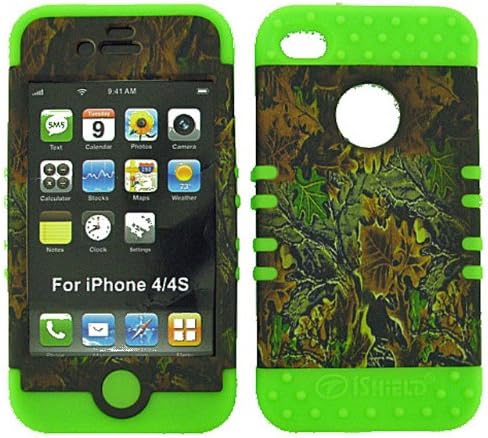 APPLE IPHONE 4 4S CAMO MOSSY OAK HEAVY DUTY CASE + LIME GREEN GEL SKIN SNAP-ON PROTECTOR ACCESSORY