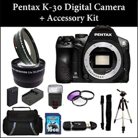 Pentax K-30 Digital Camera + Accessory Kit. Includes: Pentax K30(Body Only) - Black, 3 Piece Filter Kit(UV-CPL-FLD), Digital Flash, 16GB Memory Card, Tripod, Carrying Case & much More..!! 15613