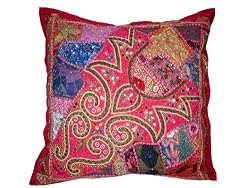 Vintage Sari Patchwork Rose Moti Bead Embroidered Floor Cushion Covers 24"