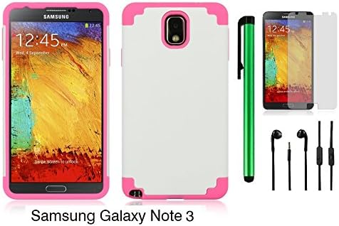 SAMSUNG GALAXY NOTE 3 HYBRID CASE - Premium Pretty Plastic / Rubber Design 2 in 1 Cover Protector Case + 3.5MM Stereo Earphones + Screen Protector Film + 1 of New Metal Stylus Touch Screen Pen (PINK RUBBER SKIN + WHITE PLASTIC)