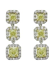 2CT. TW. Radiant Cushion Natural Fancy Yellow Diamond 3 Stone Solitaire Center Triple Dangle Earring