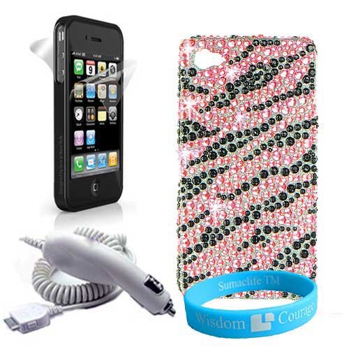 * Pink* Tiger Animal Print Jewel Diamond Crystal Snap On Cover + Car Charger + 2 Piece Screen Protector + Wisdom * Courage Wristband