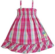 Girls Cotton 2015 Shirred Checkered Print  Dress