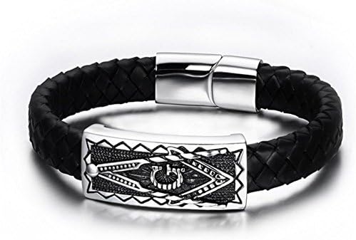 Hydreamhome Jewelry Mens Stainless Steel Black Leather Rope Masonic Style Bracelet