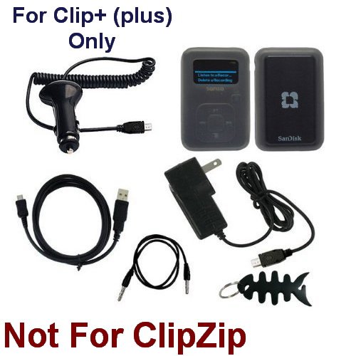 6 Pieces Premium Accessories Combo for Sandisk Sansa Clip+ Plus ONLY, includes: Smoke Soft Silicone Skin Case + Car Charger + Wall Charger + Straight USB Data cable + Straight Auxiliary 3.5mm to 3.5mm MP3 Jack Cable + Fishbone Style Keychain
