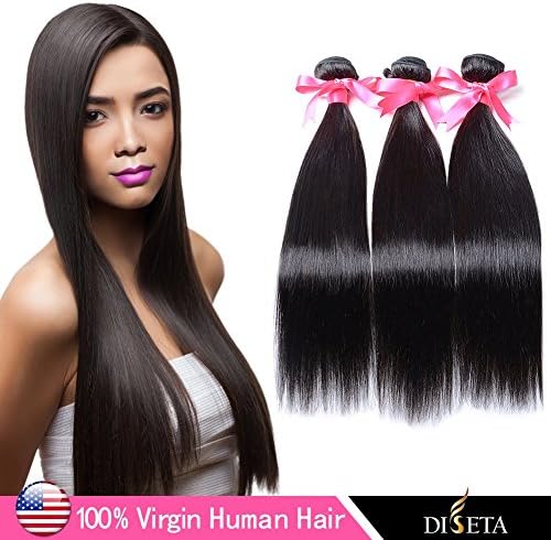 Diseta® Brazilian Virgin Hair Bundles 3 Pcs 18 20 22 Inch Mixed Length Straight Real Human Hair Extensions in Natural Black Color Hair Weaves, Hair Wefts with 100% 7A Grades