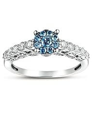 10k White Gold Blue & White Diamond Ring Size- 7 (3/4 Cttw Diamonds I1/i2 Clarity)