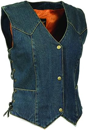 The Bikers Zone Ladies Side Lace 4 Snap Front Denim Vest (BLUE, XL)