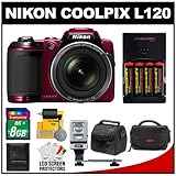 Nikon Coolpix L120 14.1 MP Digital Camera (Red) with 8GB Card + Batteries/C ....