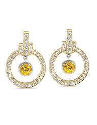 Round Diamond Earrings With Bow Embellishments In 18K White Gold With A 0.95 ct. Genuine Yellow Sapphire Center Stone.