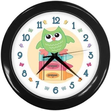 Owl on Crayons with Butterflies Wall Clock (Black)