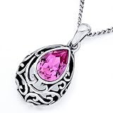 Pugster Drop Flower October Birthstone Swarovski Pink Crystal Pendant Necklace