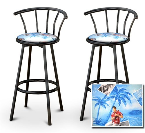 2 Elvis Presley Blue Fabric Specialty / Custom Black Barstools with Backrest Set