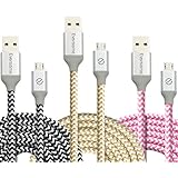 Micro USB Charger, Eversame 3 Pack 6Ft 1.8M Premium Nylon Braided High Speed Data Sync Charger Cord with Aluminum Shell For Android, Samsung Galaxy S6 Edge Plus/Note 5, HTC and More(Black White Pink)