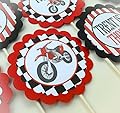 12 Cupcake Toppers - Motorcycle Happy Birthday Collection - Black White Checkers, Red Stripes, Motorcylce Graphic, Checkered Flag