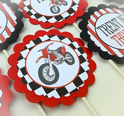 12 Cupcake Toppers - Motorcycle Happy Birthday Collection - Black White Checkers, Red Stripes, Motorcylce Graphic, Checkered Flag