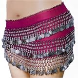 SEXY BELLY DANCER COSTUME HIP SCARF - BURGUNDY WITH SILVER COINS