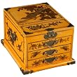 Handmade Yellow Leather Three-Drawer Chinese Bird 11" Jewelry Box With Fold Out Mirror
