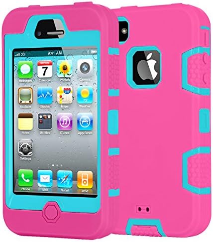 iPhone 4 4s case,Aprilday Hybrid Rugged Triple Layer Case with Hard Plastic Inner Shell and Rugged Soft Silicone Outer Skin Shock Absorbing Scratch-Proof for Cover Apple iPhone 4/4S (Rose+Green)