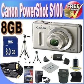 Canon PowerShot S100 12.1 MP Digital Camera with 5x Wide Angle Optical Image Stabilized Zoom (Silver) + 8GB SDHC Class 10 Memory + Extended Life Battery + Ac/Dc Rapid Charger + USB Card Reader + Memory Card Wallet + Deluxe Case w/Strap + Mini HDMI to HDMI Cable + Shock Proof Deluxe Case + Profession