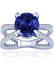 14K White Gold Round Cut Blue Sapphire Ring With Sidestones