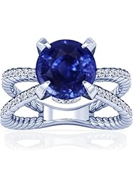 18K White Gold Round Cut Blue Sapphire Ring With Sidestones