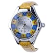 Round Yellow Band Flower Encircled Murano Millefiori Watch Wrist